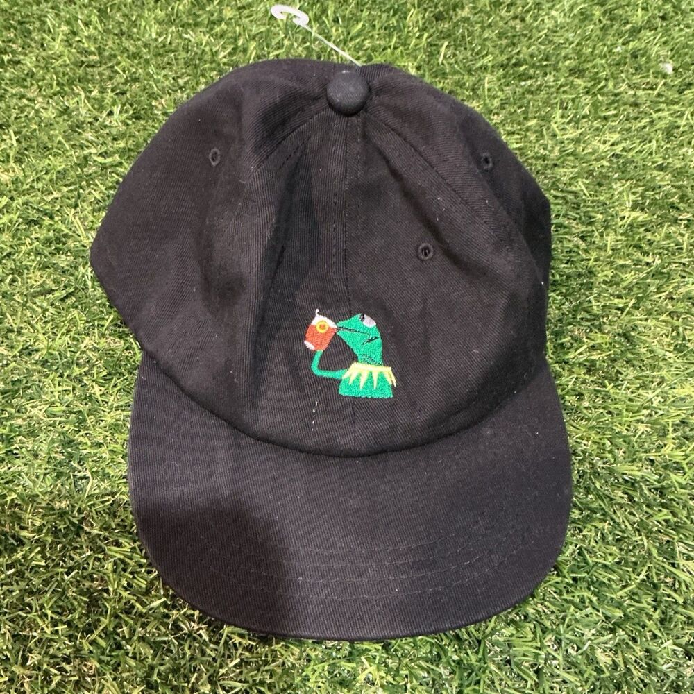 Kermit The Frog Sipping Tea Meme Hat Black Embroidered Adjustable Dad Cap